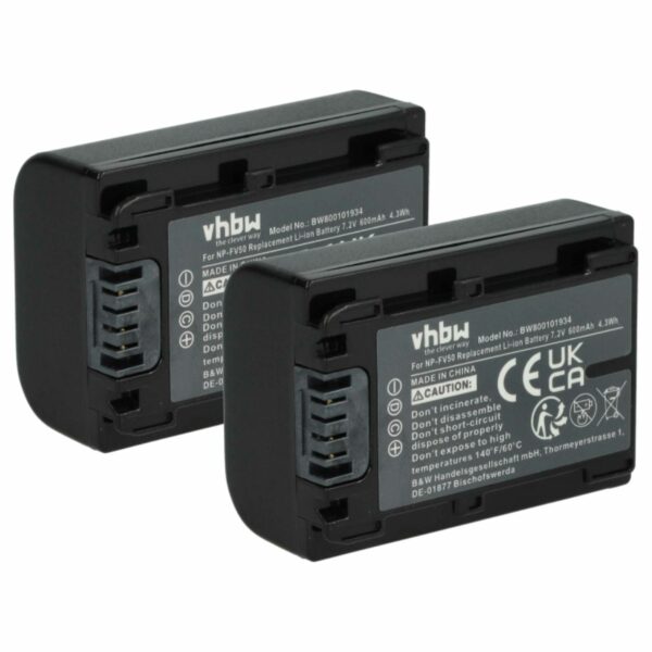 Bateria de Substituição vhbw para Sony NP-FV40, NP-FV50, NP-FV30 - 600 mAh 7.2 V Li-Ion (Pack 2x)