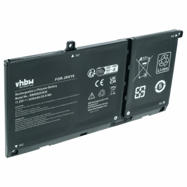 Bateria vhbw para Portátil Dell CF5RH, JK6Y6, C5KG6 - 3450 mAh 11.25 V Li-polymer