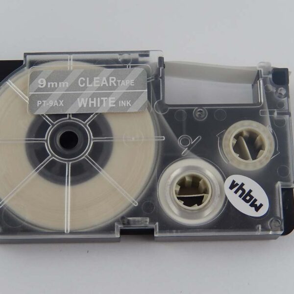 Fita de Etiquetagem vhbw Compatível Casio XR-9AX1, XR-9AX - 9 mm Branco sobre Transparente