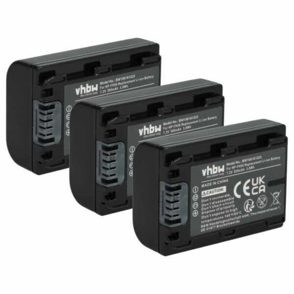 3 Baterias de Substituição vhbw para Sony NP-FH50, NP-FH100, NP-FH70, NP-FH40 - 500mAh, 7.2V, Li-Ion com Chip de Informação