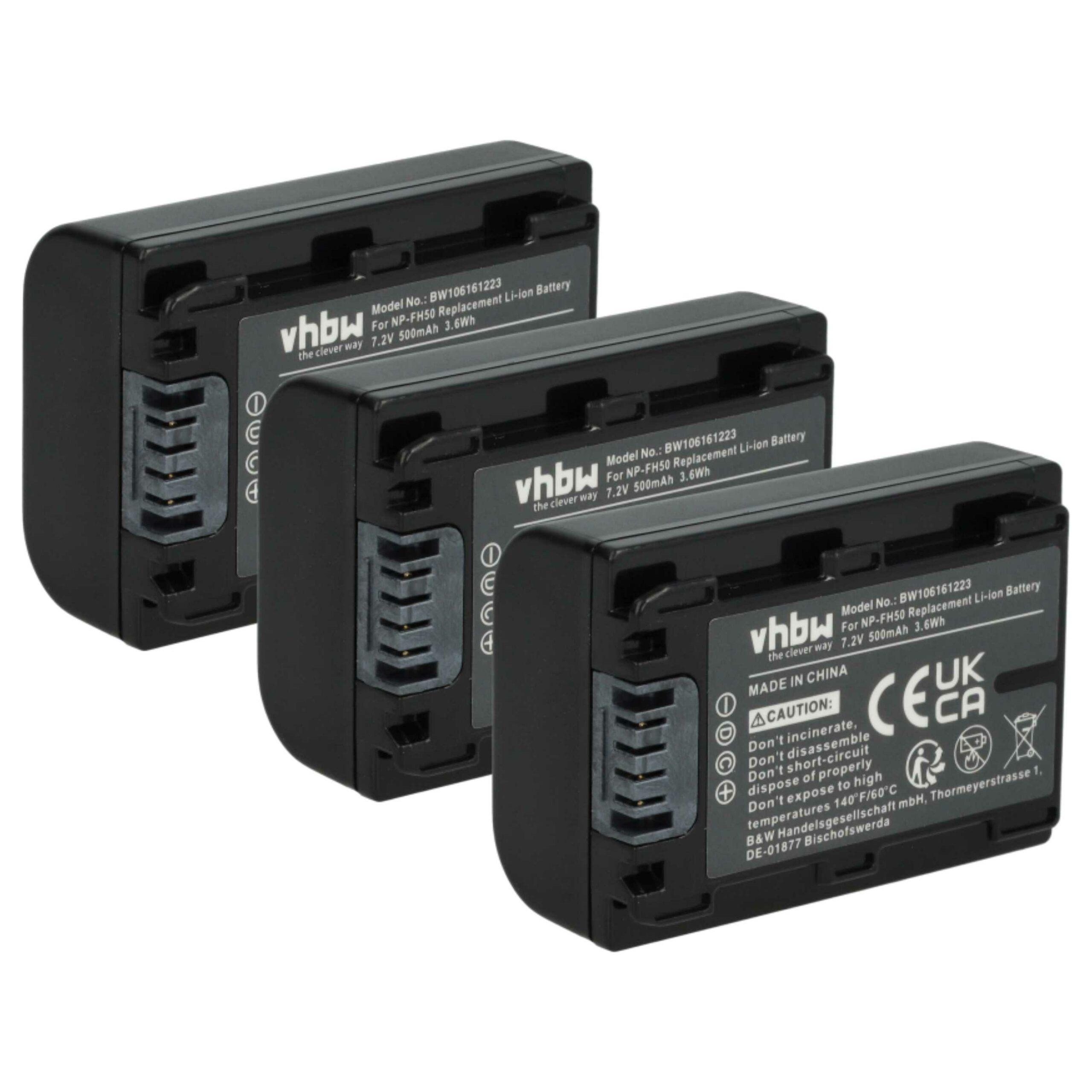 3 Baterias de Substituição vhbw para Sony NP-FH50, NP-FH100, NP-FH70, NP-FH40 - 500mAh, 7.2V, Li-Ion com Chip de Informação
