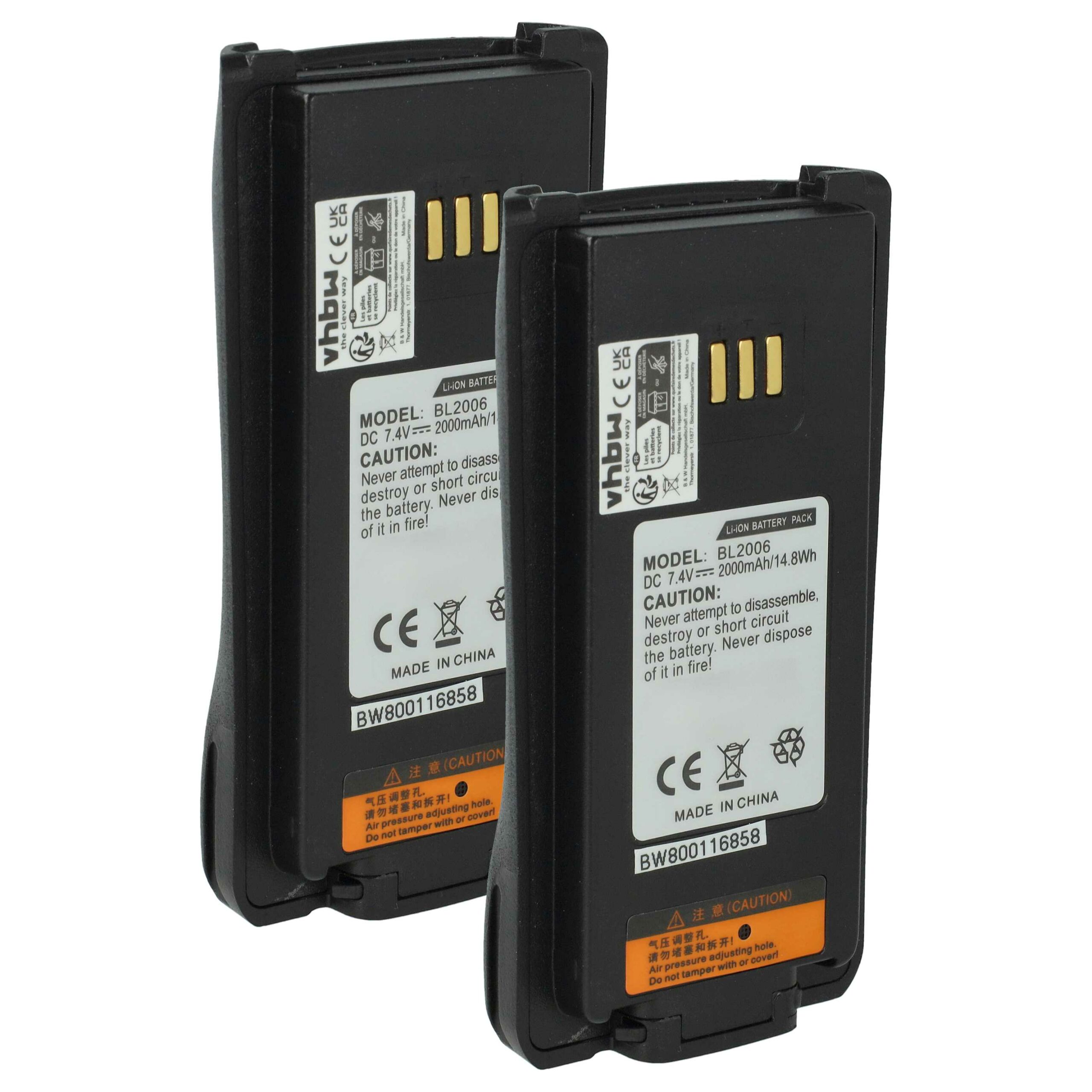 Bateria de Rádio vhbw 2x 2000 mAh 7.4 V Li-Ion para HYT BL2006Li, BL2008, BL2006, BL2503
