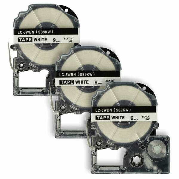 3x Cassete de Fita Autocolante vhbw Compatível com Epson SS9KW, LC-3WBN - 9 mm Preto sobre Branco