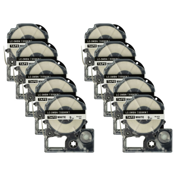 10x Fitas de Etiquetas vhbw para Epson SS9KW, LC-3WBN - 9 mm Preto sobre Branco