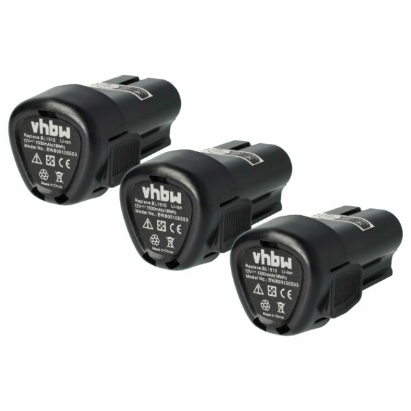 3x Bateria vhbw para Black & Decker BL1110, BL1310, BL1510, LB12 - 1500 mAh, 12 V, Li-Ion