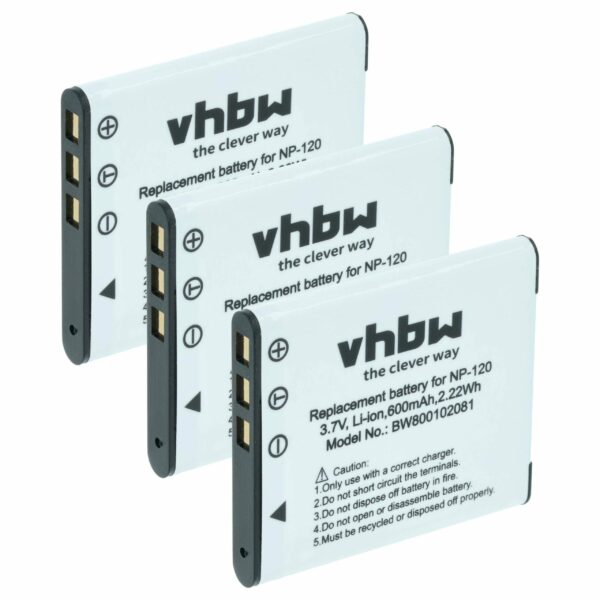 Pack 3x Bateria vhbw NP-120 para Casio - 550mAh, 3.6V, Li-Ion
