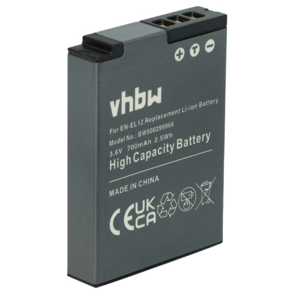 Bateria de substituição para Nikon EN-EL12 - 700mAh, 3.6V, Li-Ion vhbw