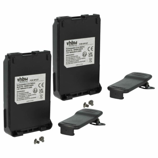 Bateria vhbw 2x para Rádio Icom BP-227, BP-220, BJ-193, BJ-265 - 1800 mAh 7.4V Li-Ion com Clip de Cintura
