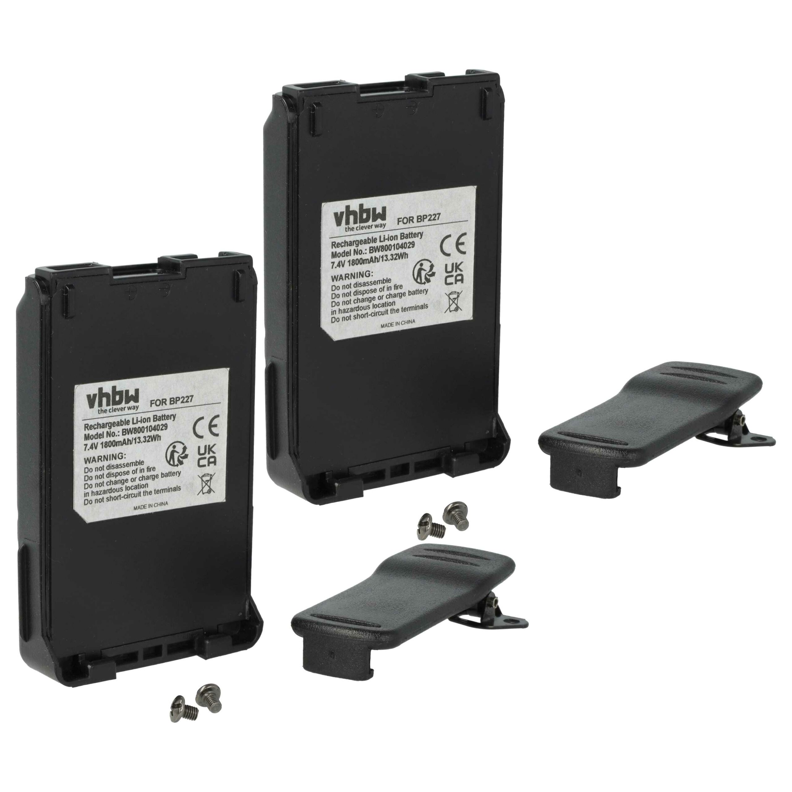 Bateria vhbw 2x para Rádio Icom BP-227, BP-220, BJ-193, BJ-265 - 1800 mAh 7.4V Li-Ion com Clip de Cintura