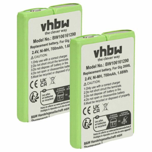 2x Bateria vhbw substitui 4506306, 4506.306, 8M2BZ, 7M2BZ, B3880/106483 para telefone fixo GP - 700 mAh 2.4 V NiMH