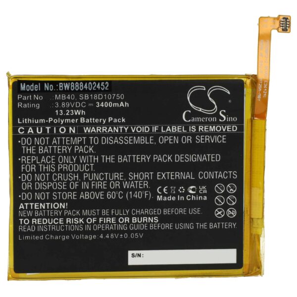 Bateria vhbw para telemóvel compatível com Motorola SB18D10750, MB40 - 3400 mAh 3.89 V Li-polymer