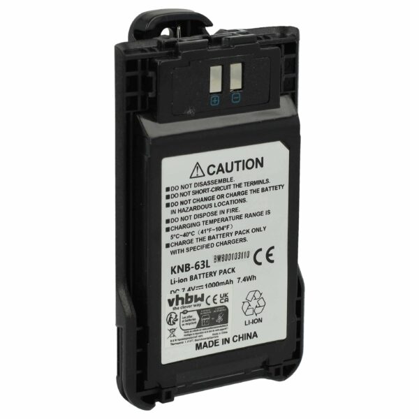 Bateria vhbw para rádio Kenwood KNB-63L / KNB-65L - 1000 mAh 7.4 V Li-Ion + Clipe de Cinto