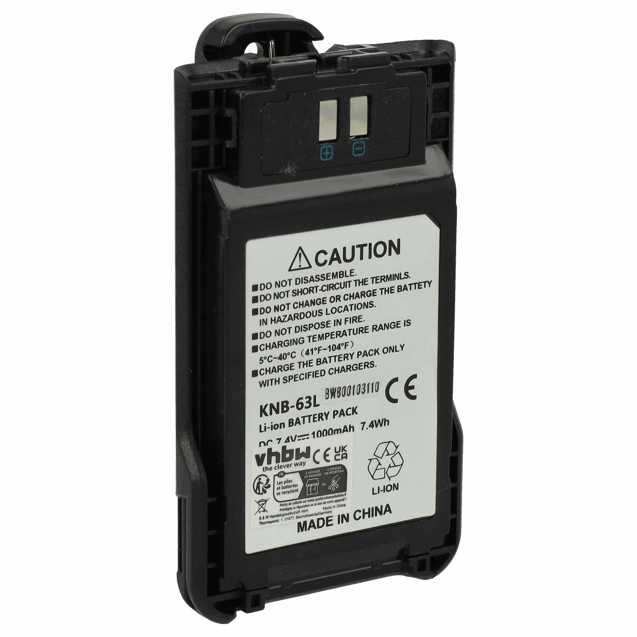 Bateria vhbw para rádio Kenwood KNB-63L / KNB-65L - 1000 mAh 7.4 V Li-Ion + Clipe de Cinto