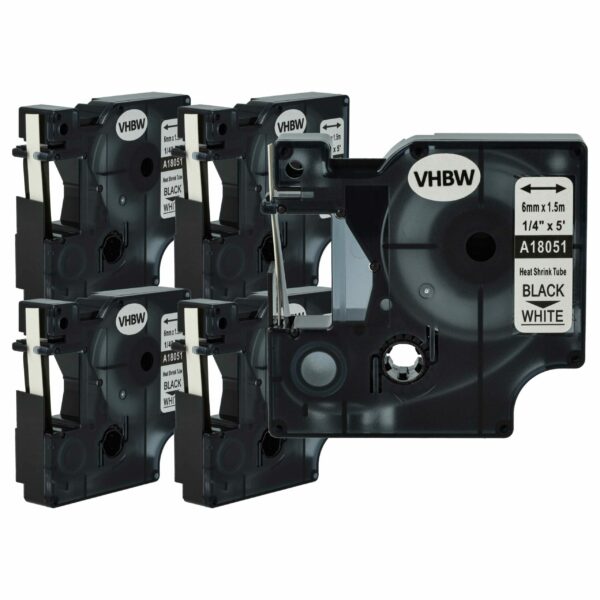 Pack 5x Fita de Etiqueta Compatível Dymo 18051 - Preto em Branco, Tubo Termoretrátil, 6 mm