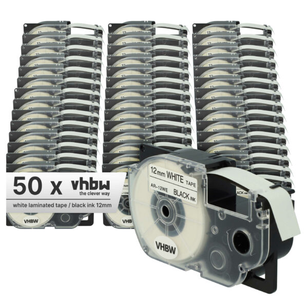 50x Fita de Etiquetas vhbw para Casio XR-12WE, XR-12WE1 - 12 mm Preto sobre Branco