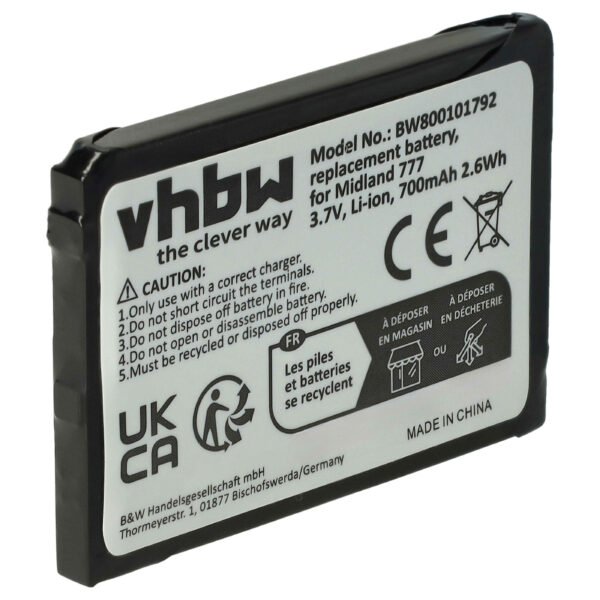 Bateria de substituição vhbw para rádio Alan FB-777 - 700 mAh 3.7 V Li-Ion