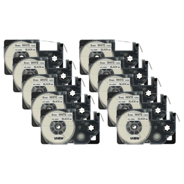 10x Fita para Etiqueta vhbw substitui Casio XR-9WE, XR-9WE1 - 9 mm Preto sobre Branco