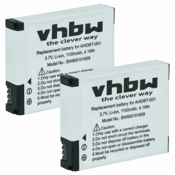 Bateria de Substituição vhbw para GoPro - 1100 mAh 3.7V Li-Ion (2 unidades)
