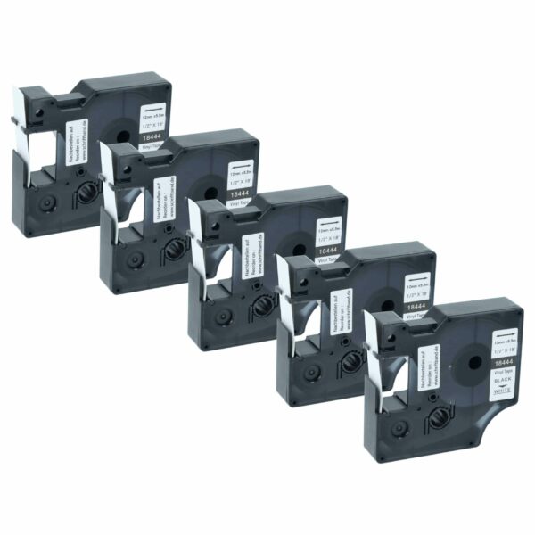 5x Fita de Etiquetas Compatível com Dymo 18444 - 12 mm Preto sobre Branco, Vinil