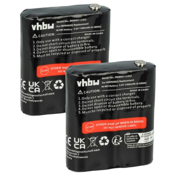 Bateria vhbw para Motorola CB Radio - 2 unidades 1300 mAh 3.6V NiMH (substitui FRS-4002A, HKNN4002B, HKNN4002A)