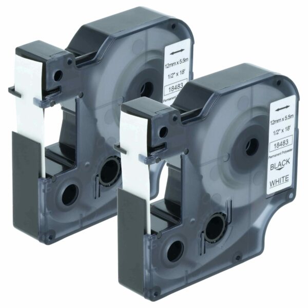 2x Fita de Etiquetas Compatível Dymo 18483 - 12 mm Preto sobre Branco, Poliéster