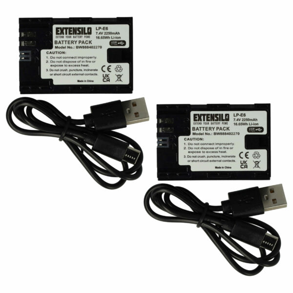 2x Bateria para Canon LP-E6 - 2250mAh, 7.4V, Li-Ion, com Porta USB-C EXTENSILO