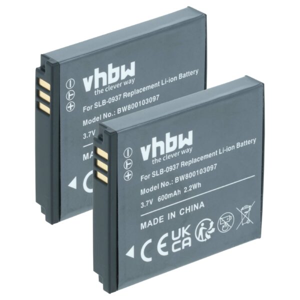2x Bateria vhbw SLB-0937 compatível Samsung - 600mAh, 3.7V, Li-Ion