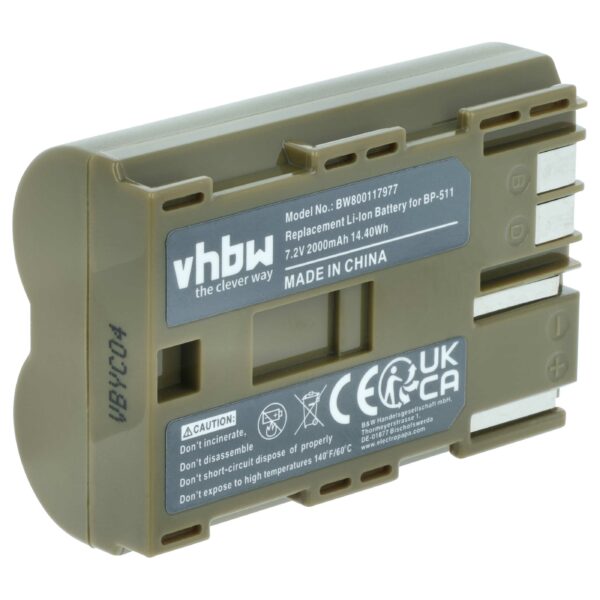 Bateria de substituição para Canon BP-511A, BP-512, BP-514, BP-511, BP-508 - 2000mAh, 7.4V, Li-Ion