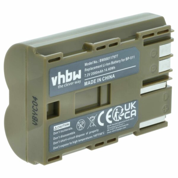 Bateria de substituição para Canon BP-511A, BP-512, BP-514, BP-511, BP-508 - 2000mAh, 7.4V, Li-Ion