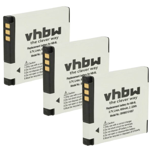 3x Bateria vhbw NB-8L compatível Canon - 600mAh, 3.6V, Li-Ion