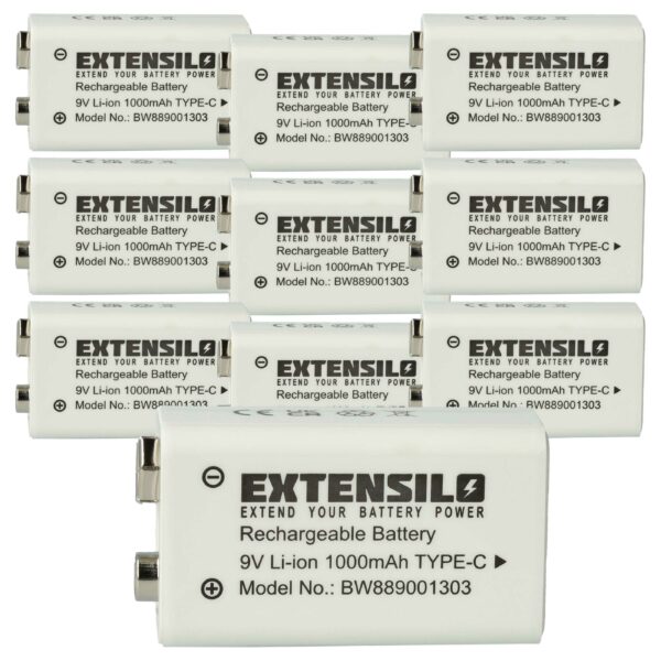 Bateria 9V Bloco 10x EXTENSILO Compatível Daitem BATV13 - 1 Ah Li-Ion com USB-C