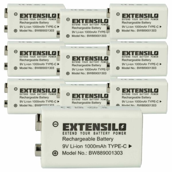 Bateria 9V Bloco 10x EXTENSILO Compatível Daitem BATV13 - 1 Ah Li-Ion com USB-C