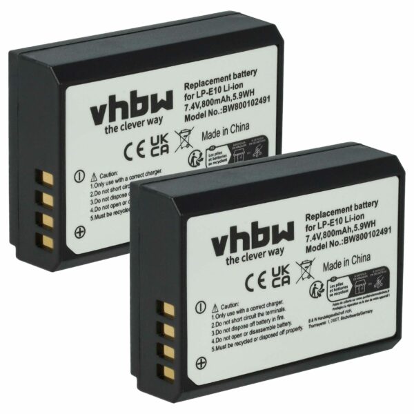 2x Bateria de substituição vhbw para Canon LP-E10 - 800mAh, 7.2V, Li-Ion