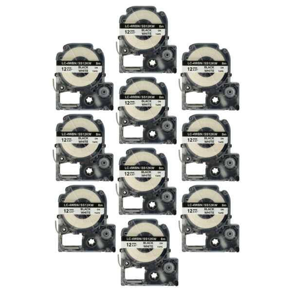 10x Fita de etiquetas vhbw para Epson SS12KW, LC-4WBN - 12 mm Preto sobre Branco