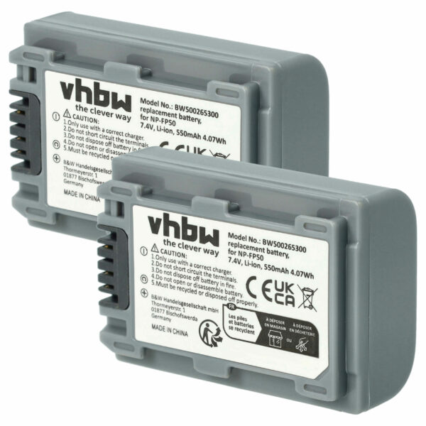 Bateria vhbw 2x para Câmaras de Vídeo Sony NP-FP70, NP-FP60, NP-FP51, NP-FP50, NP-FP30 - 500 mAh 7.2V Li-Ion