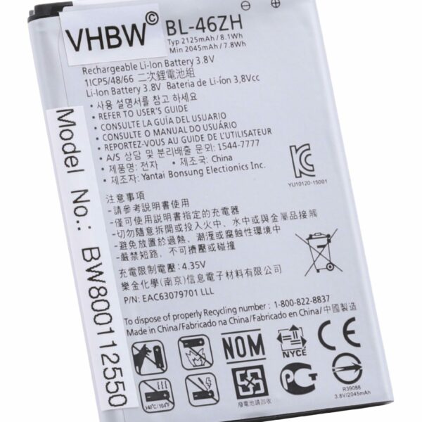 Bateria vhbw para Telemóvel LG compatível com EAC63079701, BL-46ZH - 2125 mAh 3.8 V Li-Ion