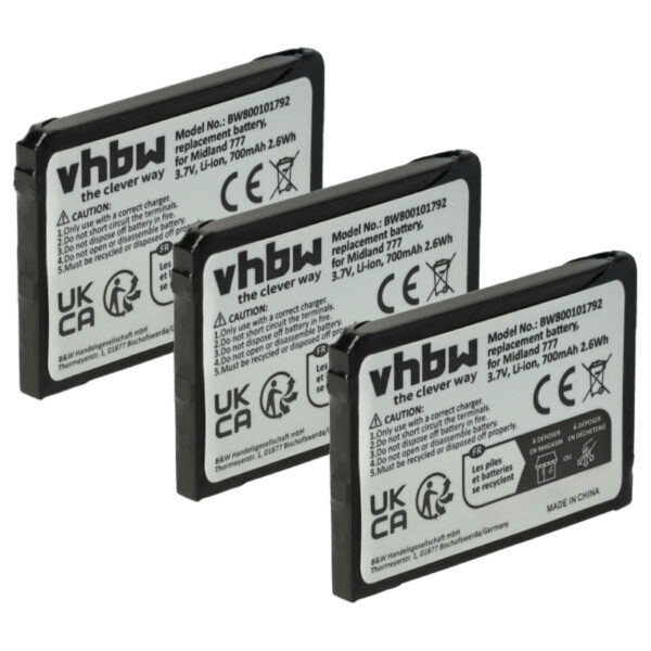 Bateria 3x para Rádio Alan FB-777 - 700 mAh 3.7 V Li-Ion vhbw