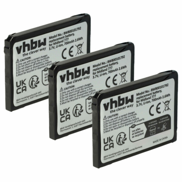 Bateria 3x para Rádio Alan FB-777 - 700 mAh 3.7 V Li-Ion vhbw