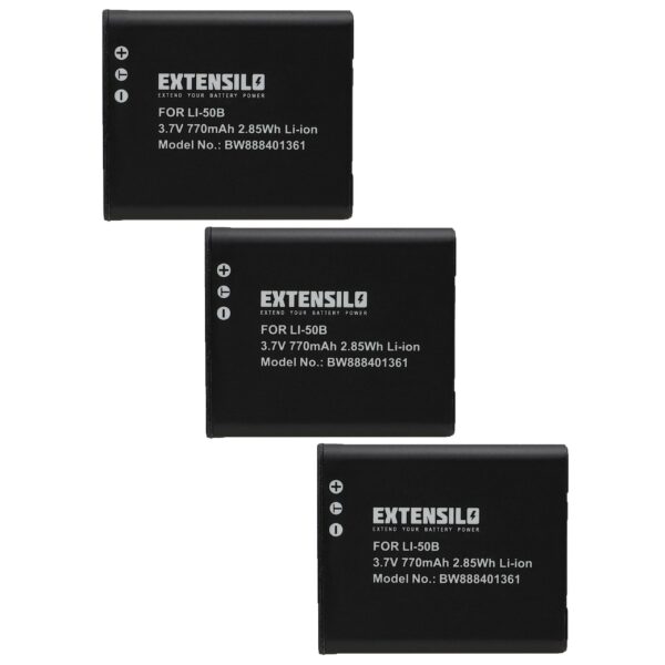 3x Baterias EXTENSILO para Casio NP-150, NP-10 / Olympus Li-50B - 770mAh, 3.7V