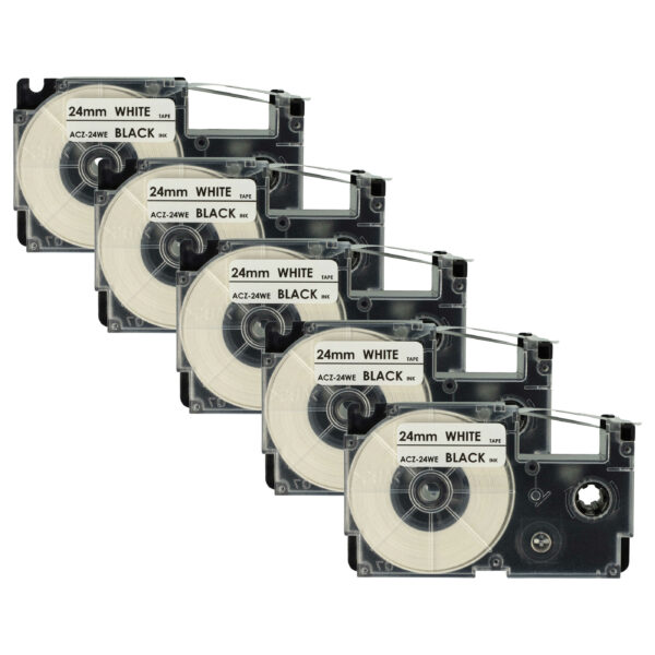 5x Fita de Etiquetas compatível com Casio XR-24WE, XR-24WE1 - 24 mm Preto sobre Branco