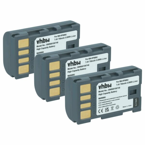 Bateria vhbw para Câmaras JVC - Compatível com BN-VF823, BN-VF808, BN-VF815 - 750 mAh 7.4V Li-Ion (Pack 3x)