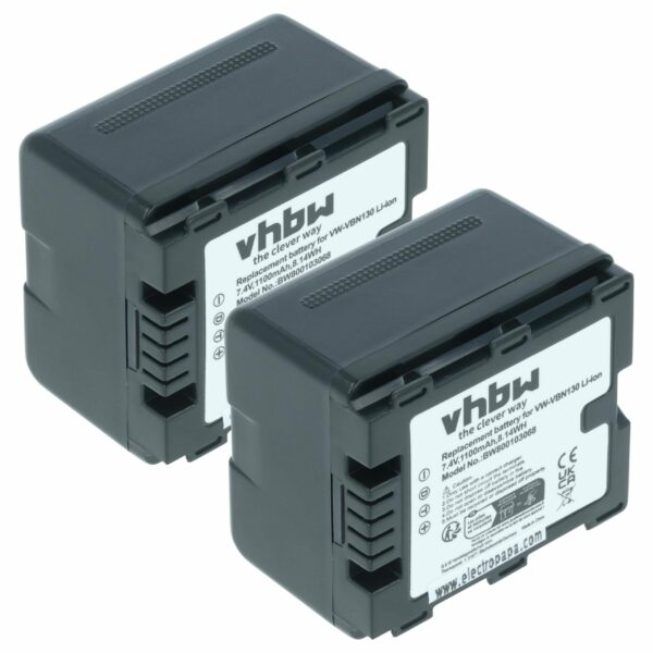 2x Bateria vhbw para Câmara Panasonic VW-VBN130E-K, VW-VBN130E, VW-VBN130 - 1100 mAh 7.2 V Li-Ion