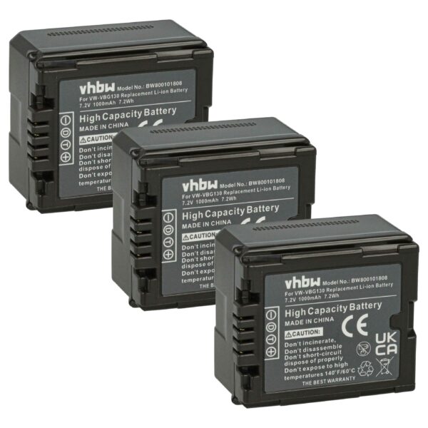 Bateria vhbw 3x para Panasonic VW-VBG070, VW-VBG130, VW-VBG260 - 1000 mAh 7.2V Li-Ion