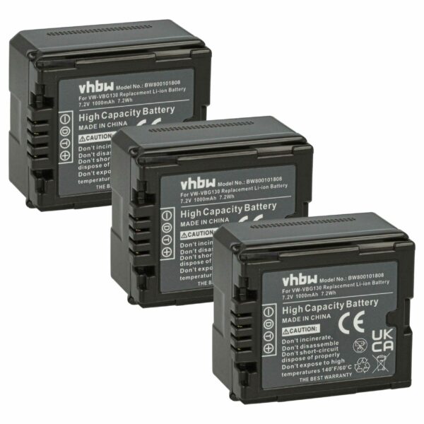 Bateria vhbw 3x para Panasonic VW-VBG070, VW-VBG130, VW-VBG260 - 1000 mAh 7.2V Li-Ion