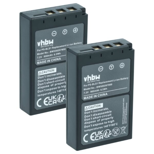 2x Bateria compatível com Olympus PS-BLS1 - 900mAh, 7.2V, Li-Ion