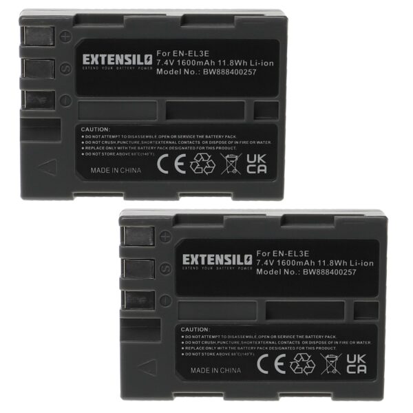 2x Bateria EXTENSILO EN-EL3e para Nikon - 1600mAh, 7.4V, Li-Ion