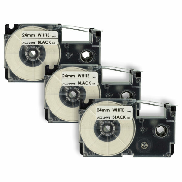 Pack 3x Fita Etiquetadora compatível Casio XR-24WE1, XR-24WE - 24 mm Preto sobre Branco