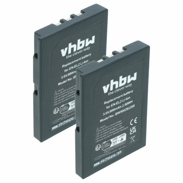 2x Bateria vhbw EN-EL2 para Nikon - 800mAh, 3.6V, Li-Ion