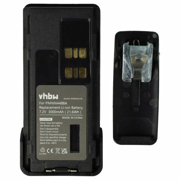 Bateria de Substituição vhbw para Motorola PMNN4416, PMNN4415, PMNN4415AR, PMNN441 - 3000 mAh 7.2 V Li-Ion com Clipe de Cintura