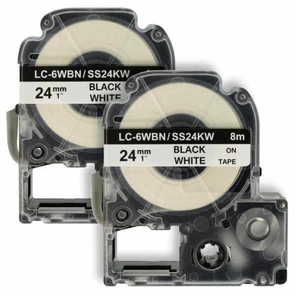 2x Fita de Etiquetas compatível com Epson LC-6WBN - 24 mm Preto sobre Branco
